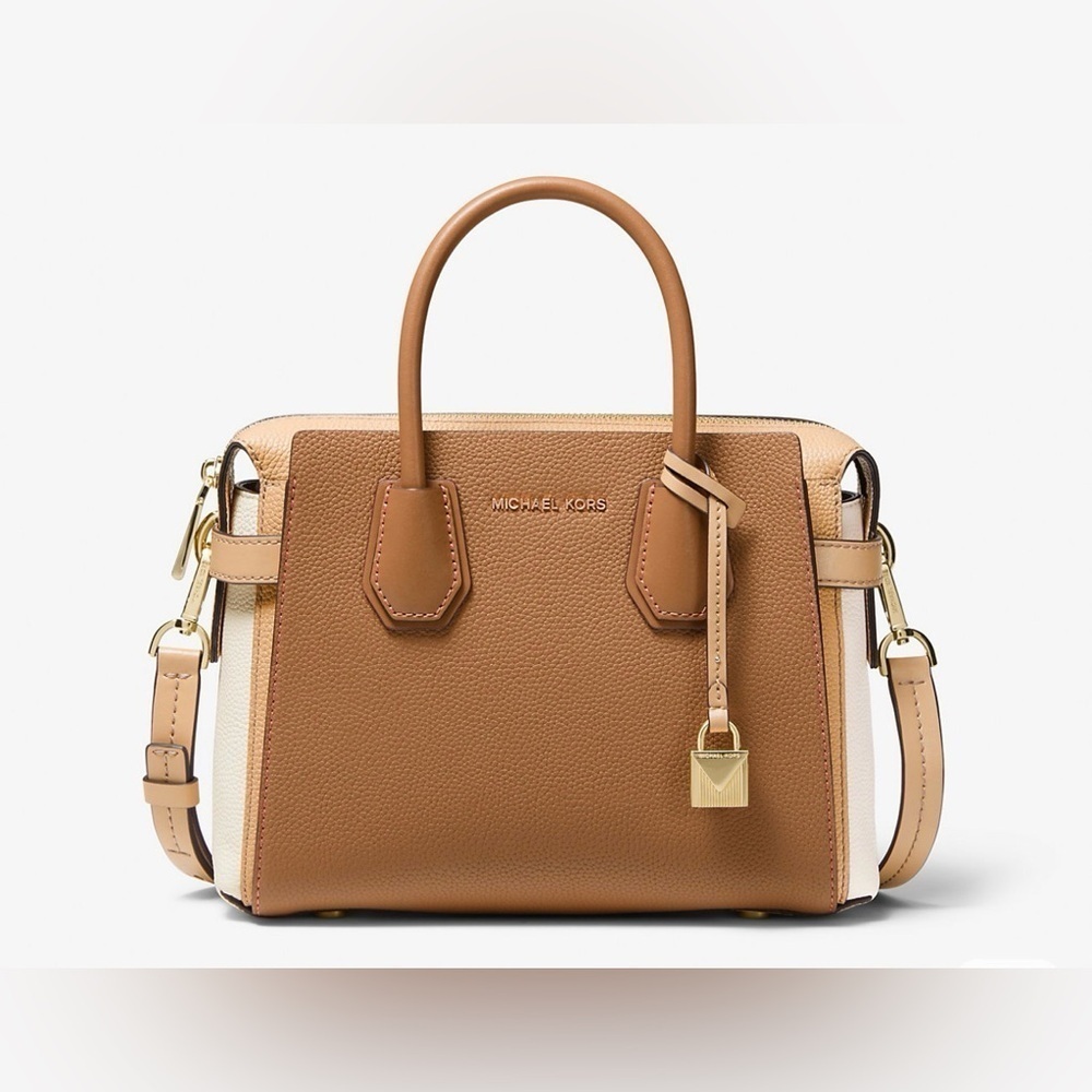 NEW Michael Kors Mercer Small Tri-Color Pebbled Leather Belted Satchel Bag